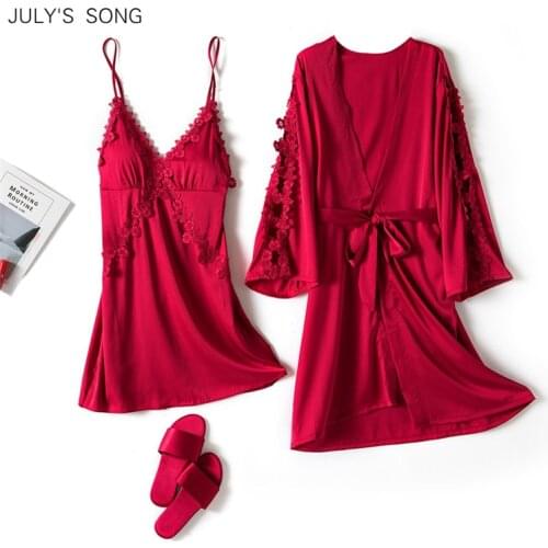 JULYS SONG Lace Sexy Women Sleepwear Pyjama Faux Silk 2 Piece Pajamas Set Stain Summer Spring Sling Nightgown Robe Nightdress