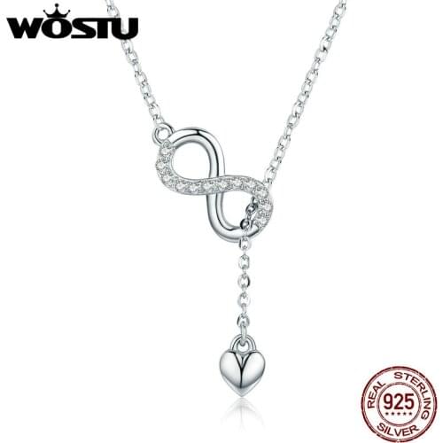 WOSTU Authentic 925 Sterling Silver Infinity Love Heart Pendant Necklace For Women Silver Jewelry Lover Romantic Gift CQN223