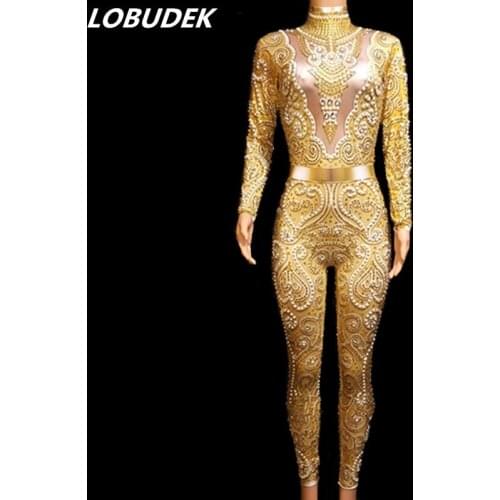 Gold Silver Rhinestones Pearls Long Sleeve Jumpsuit Stretch Crystals Leotard Rompers Sexy Nightclub Singer Party Fashion Costume