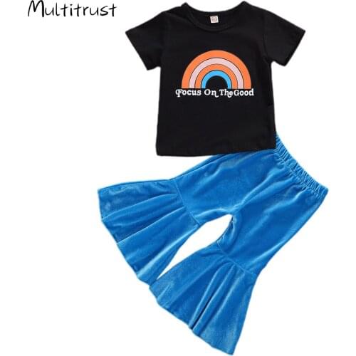Multitrust 2020 Summer Toddler Girl Clothes Short Sleeve Rainbow t-shirts +boot cut pant Outfits Cloting 1-5Y