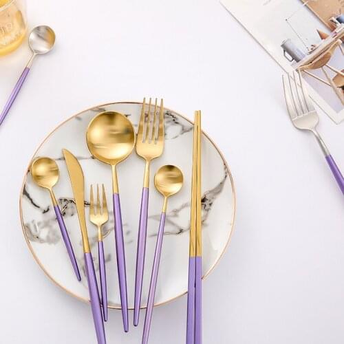 24PCS Purple Cutlery Set Stainless Steel Dinner Knife Spoon Fork Chopstick Set Tableware Wedding Gifts Golden Kitchen Accessory