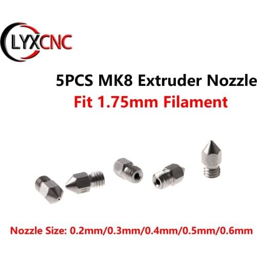 5PCS MK8 Extruder Nozzle 0.2mm 0.3mm 0.4mm 0.5mm 0.6mm M6 Threaded For 1.75mm Filament 3D Printer Extruder Print Head