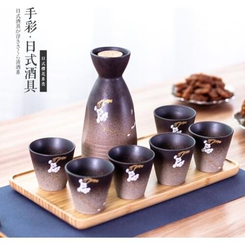 Crude pottery hand painted cherry blossom Japanese liquor utensils sake pot wine cup set ceramic barware separator bamboo tray