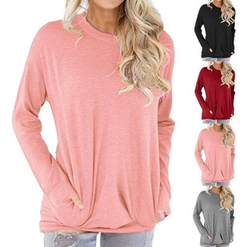 Solid Color Women T-Shirts 2020 Autumn Long Sleeve O Neck Tees Top Loose Tunic T-shirt Pullovers Women T Shirt Top with Pocket