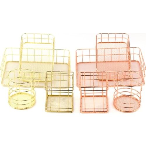 Nordic Makeup Organizer Basket Eyeliner Brush Set Storage Cup Rose Gold Iron Art Dressing Table Makeup Cosmetic Organizer Box