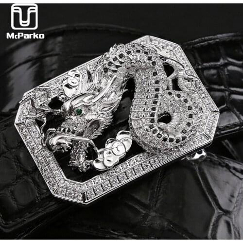 McParko Luxury Crocodile Belt Genuine Leather Men Belt Fashion Chinese Lucky Loong Buckle with Rhinestone Waist Belt For Jeans