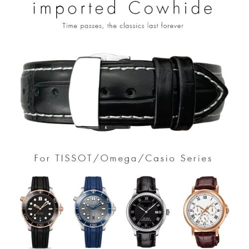19mm 20mm 22mm True Cowhide Leather Strap Butterfly Clasp Watchband Suitable for the Omega Seamaster 300 Tissot Casio Bracelet