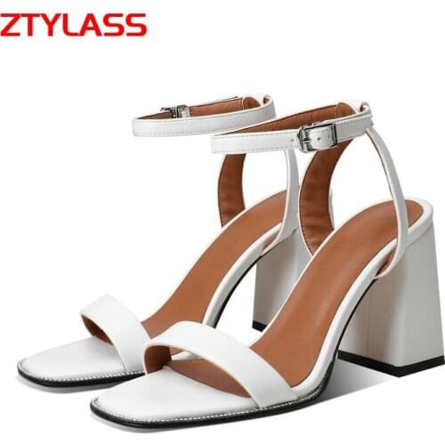 New Summer Rhinestone Sandals Women Faux Leather Square High Heel Sandals Fashion Buckle Open Toe Dress Shoes Woman Black White