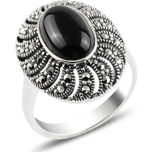 Silver 925 Sterling Onyx & Marcasite Ring
