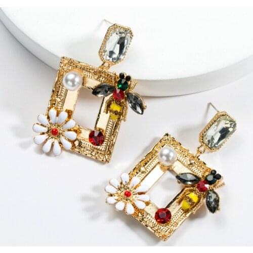 New collection of fancy gold geometric metal colored rhinestone pendant earrings for ladies jewelry statement earrings for women