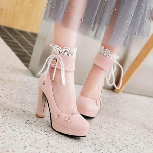 Kawaii Girl Tea Party Shoes Spring/Autumn Lace Thick Middle Heel Lolita Flower High Heels Sweet Shoes Large Size 32-43