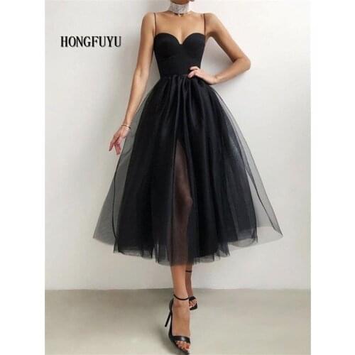 HONGFUYU Tulle Spaghetti Prom Dresses A Line Tulle Top Sexy Girls Cocktail Dresses Tea Length Homecoming Dresses