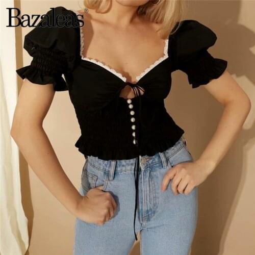 Bazaleas Vintage Black Elastic Waist blusas mujer de moda 2020 Palace Hollow Out Bow Women blouse Slim Lace Patchwork Crop tops