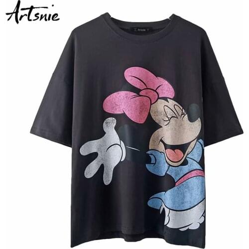 Artsnie black gray cartoon print women t shirt summer 2020 o neck short sleeve oversized tops female streetwear casual t-shirt
