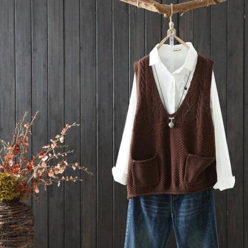 Woman Jacket Vest Literary Style Spring and Autumn V-neck Pullover Knitted Vest Womens Vest Loose Hollow out Chaleco Mujer