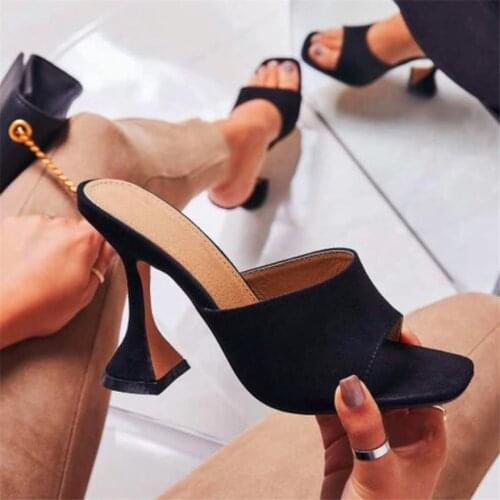 NEW Sexy Black Flock High Heel Female Slippers Open Toe Summer Fashion Slip On Wine Glass Heels Slides Women Outdoor Mules Party