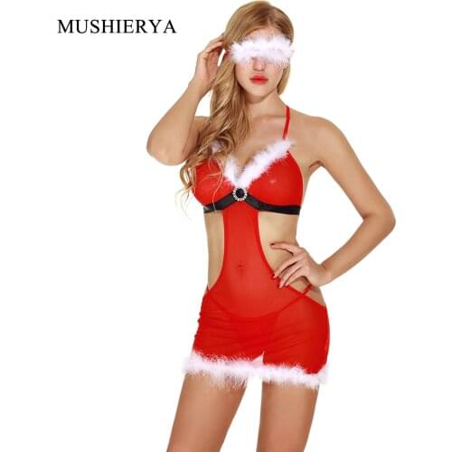 MUSHIERYA Women Santa Lingerie Chemises Halter Christmas Red Sleepwear Set Women Nightdress Nightwears Sexy Lingerie Intimates