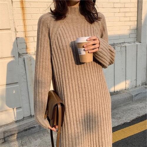 Whcw Cgdsr Solid Sweater Dress Women New Korean Style Knitted Thick Winter Jumper Elegant 2020 Autumn Fashiond Vintage Pullover
