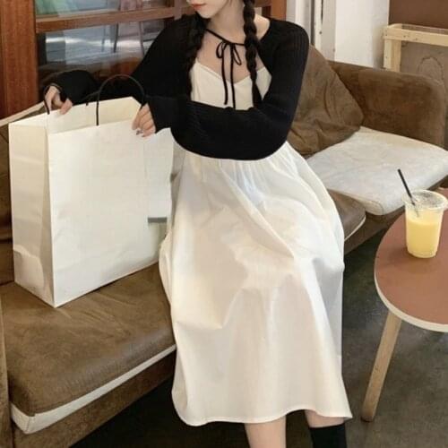 Long Sleeve Vintage Elegant Dress Women Korea Fashion Retro Midi Strap Dress+ Pure Color Cardigan 2 Piece Set Female 2021 Autumn