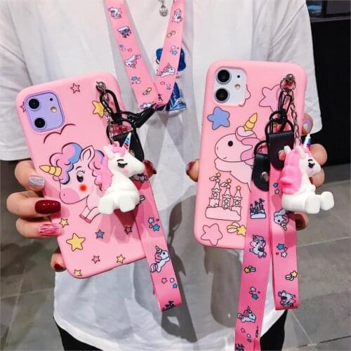 For iPhone 12 11 Pro Xs Max Xs XR 6 7 8Plus Case Unicorn TPU Case Stand Holder Soft Phone Strap Rope Case