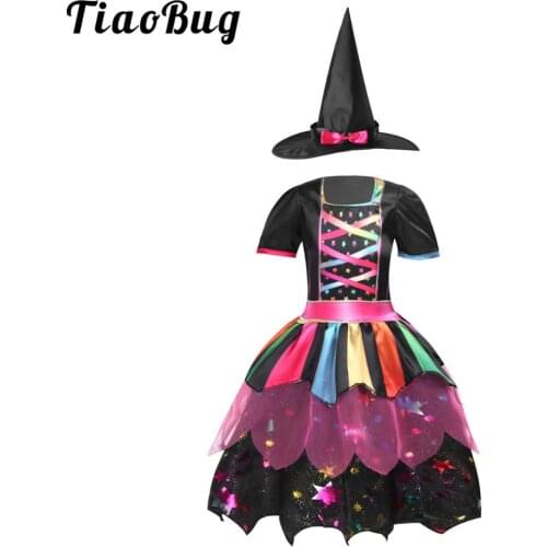 Kids Girls Halloween Witch Cosplay Costume Sparkly Silver Stars Printed Roleplay Dress Carnival with Point Dress Up Clothes