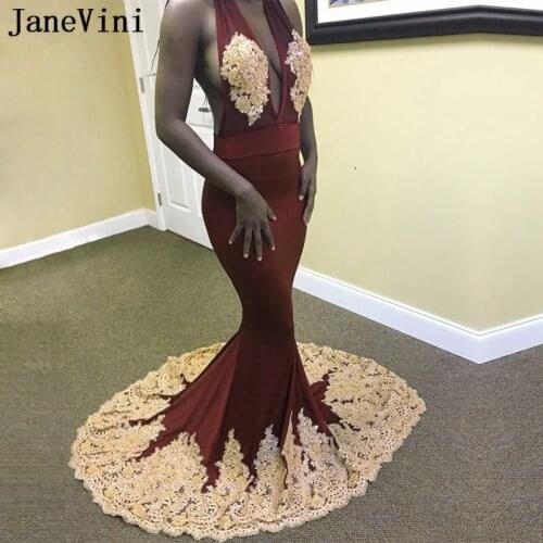 JaneVini 2019 Mermaid Burgundy Prom Dresses Sexy Deep V Neck Gold Lace Appliques Backless African Black Girls Satin Prom Dress