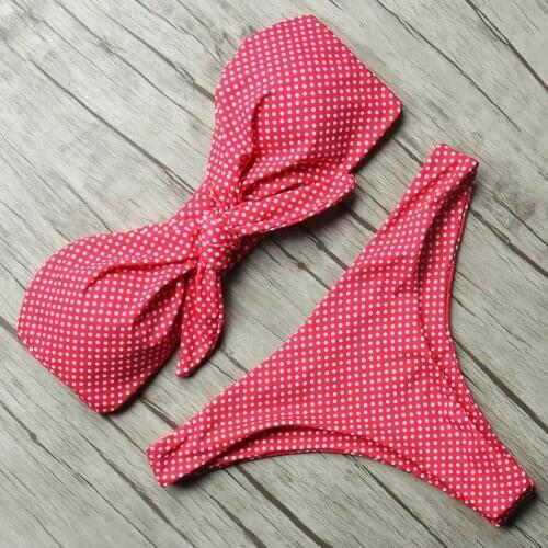 Bow Tie Swimwear Womens Bandeau Sexy Bikini Set High Cut Bathing Suits Polka Dot Print Swimsuit Купальники Женские 2021