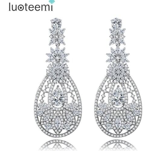 LUOTEEMI Top Quality Luxury Paving Cubic Zirconia Dangle Earrings Brincos For Women Bridal White Gold Color Wedding Jewelry
