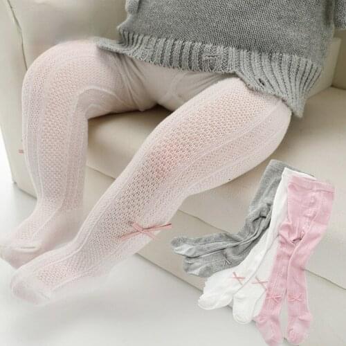 Cute Bowknot Baby Girl Tights Summer Knitted Cotton Solid Kids Pantyhose Thin Breathable Mesh Infant Toddler Stockings