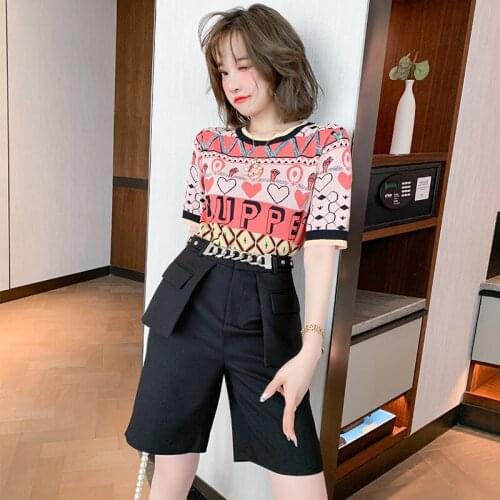 Fashion colours jacquard summer new round collar sequins stretch knitted T-shirt