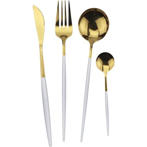 32Pcs/8Set White Gold Cutlery Set Kitchen Mirror Tableware Set 304 Stainless Steel Dinnerware Set Knife Fork Spoon Dinner Set