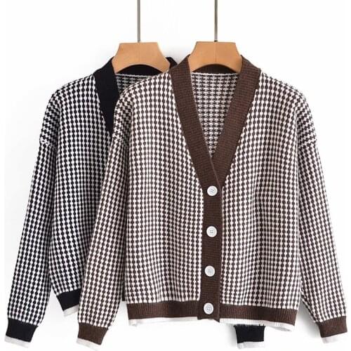 2021 autumn and winter new cardigan fashion retro long-sleeved V-neck single-breasted color matching knitted sweater jacket