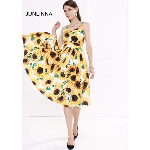 Sunflower Printing Dress Cotton Blending Sexy Spaghetti Strap 2021 Fashion Elegant Women Beach Holiday Dresses