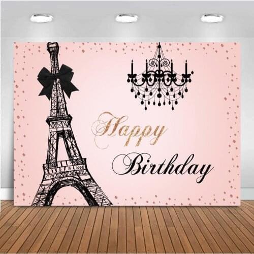 Drawing Eiffel Tower Chandelier Happy Birthday Background For Decor Adult Anniversary Party Light Pink Backdrops Photography