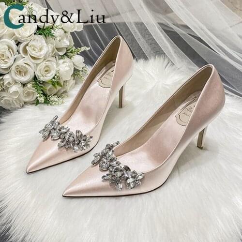 Customize Low Heels 3cm Wedding Dress Crystal Bride Shoes Champagne Silk Dress Bridesmaid Shoes White High Heels Thin Heel Shoes