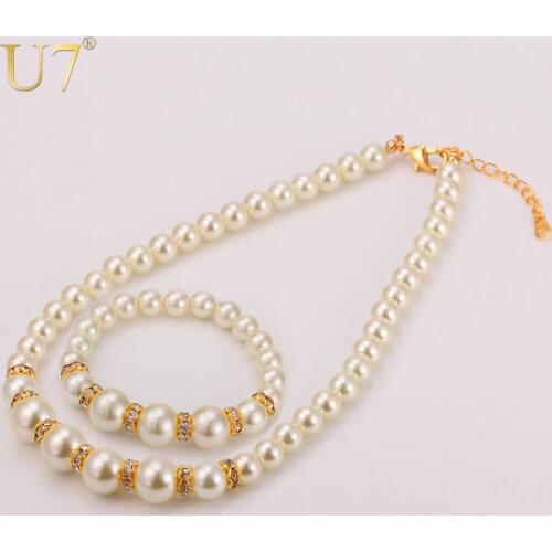 U7 Brand Beads Bracelet And Necklace Set Trendy White Simulated Pearl & Rhinestone Women Wedding/Party Jewelry Sets Gift S582