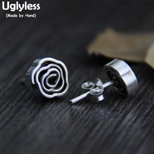 Uglyless Real 925 Sterling Silver Women Handmade Folded Plum Flower Studs Elegant MINI Size Floral Stud Earrings Brincos Jewelry