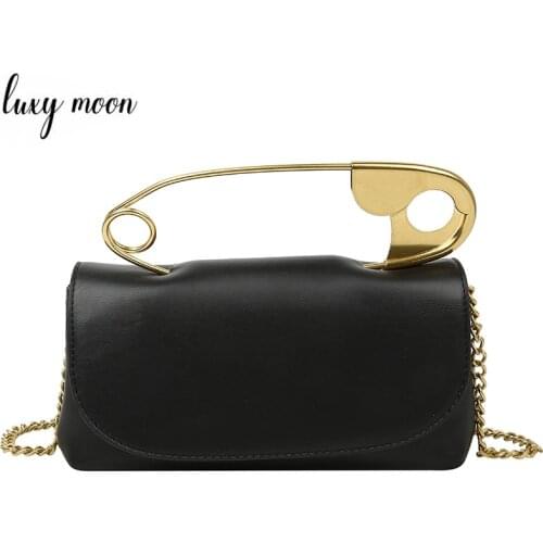PU Leather Women Handbags Retro Metal Pin Design Black Shoulder Messenger Bag Luxury Clutch Purse Casual Solid Tote Bag ZD1754