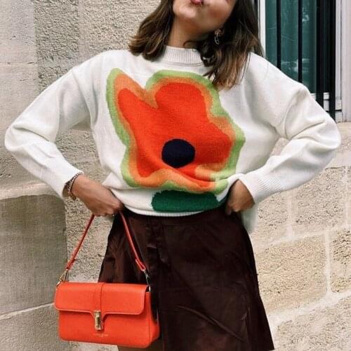 Womens Casual Korean Style Oversized Knitted Sweater Flower Pattern Long Sleeve Pullover Top Y2K E-Girls Knitwear for Autumn