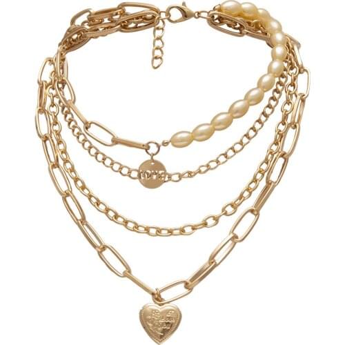 Women Stylish Vintage Metal Gold Multi-layer Lock Love Necklace Ladies Pearl Jewelry Chain On The Neck Valentines Day Gift Gold