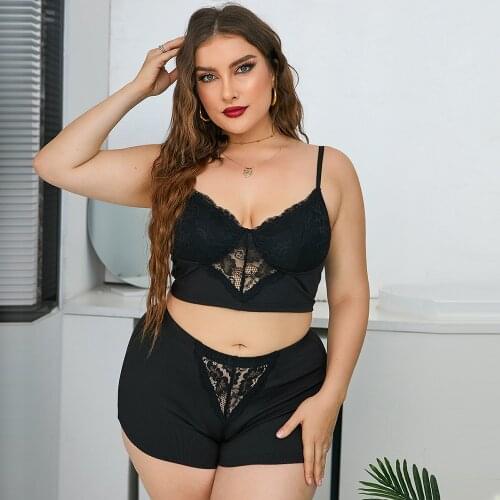 Plus Size Printed Lace And Mesh Underwear Two-piece Suit -40