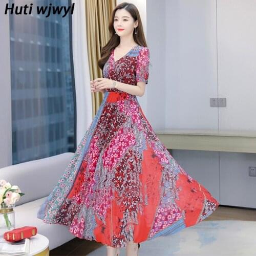 Spring Summer Vintage 4XL Plus Size Print Boho Sundress Elegant Women Party Vestido 2021 Floral Chiffon Bodycon Beach Maxi Dress