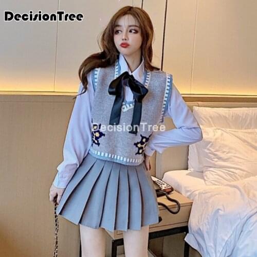 2021 japanese school uniforms knitting vest suit tops+tie+skirt jk navy style students clothes women full sleeve pleated skirt