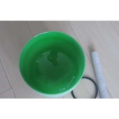 Green Color F# Note Heart Chakra Frosted Quartz Crystal Singing Bowl 9" with free suede and o-ring