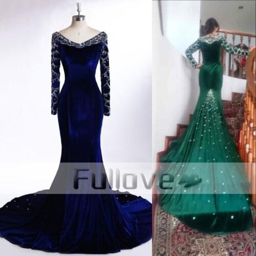 Elegant Royal Blue Velour Long Sleeve Evening Dresses 2019 Rhinestone Beaded Appliques Mermaid Formal Dress Vestido De Festa