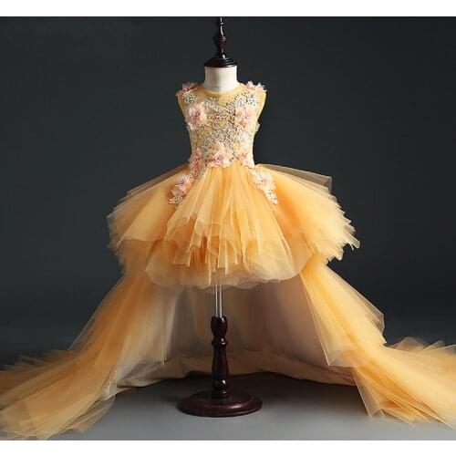KICCOLY New Long Trailing Girl Flower Girl Dresses Gold Tulle Floral First Communion Dress Formal Wedding Pageant Evening Gown
