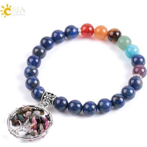 CSJA 7 Chakra Yoga Natural Stone Lapis Lazuli Bracelets for Femme Tree of Life Pendant Mala Beads Reiki Protection Bangles E907
