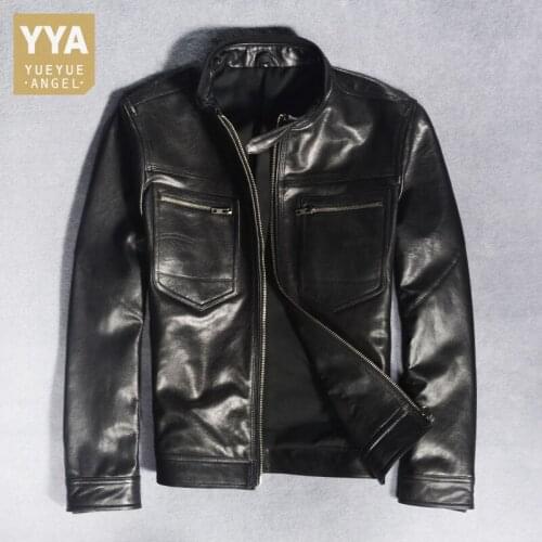 Vintage Classic Mens Motorcycle Jacket Stand Collar Genuine Leather Sheepskin Coat Spring Autumn Long Sleeve Bikers Jackets New
