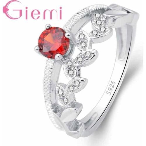 Sweet Red Crystal Stone Leaf Plant Pattern Lace Ring For Womens Birthday Gift Anniversary OrnamentCZ