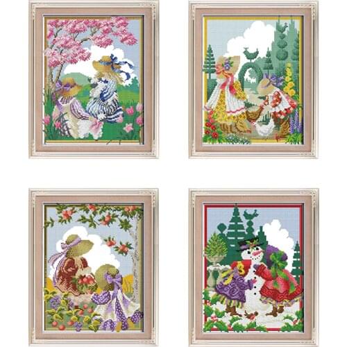 Joy Sunday Four Seasons Girls Cross Stitch Kit 11CT 14CT DMC Chinese Embroiderys Counted Needlework Sets DIY Needlework Kits